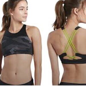 Athleta Sports Bra Black Camo Neon Green Crossback